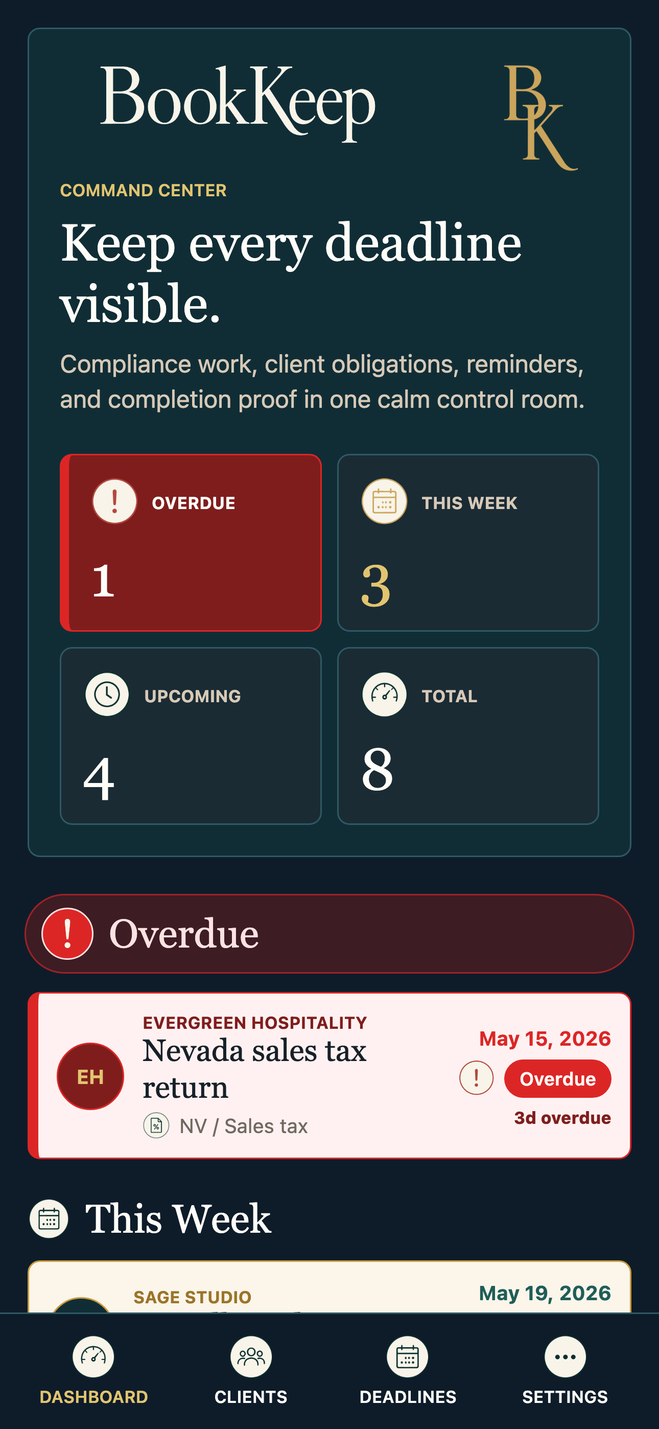 BookKeep dashboard showing deadline status groups.