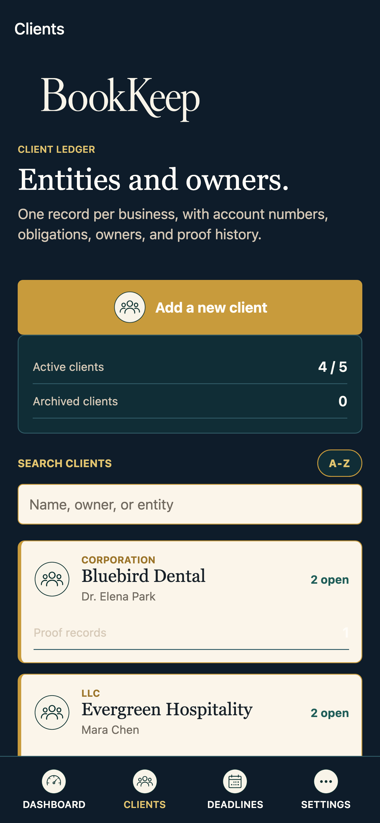 BookKeep client list screen.