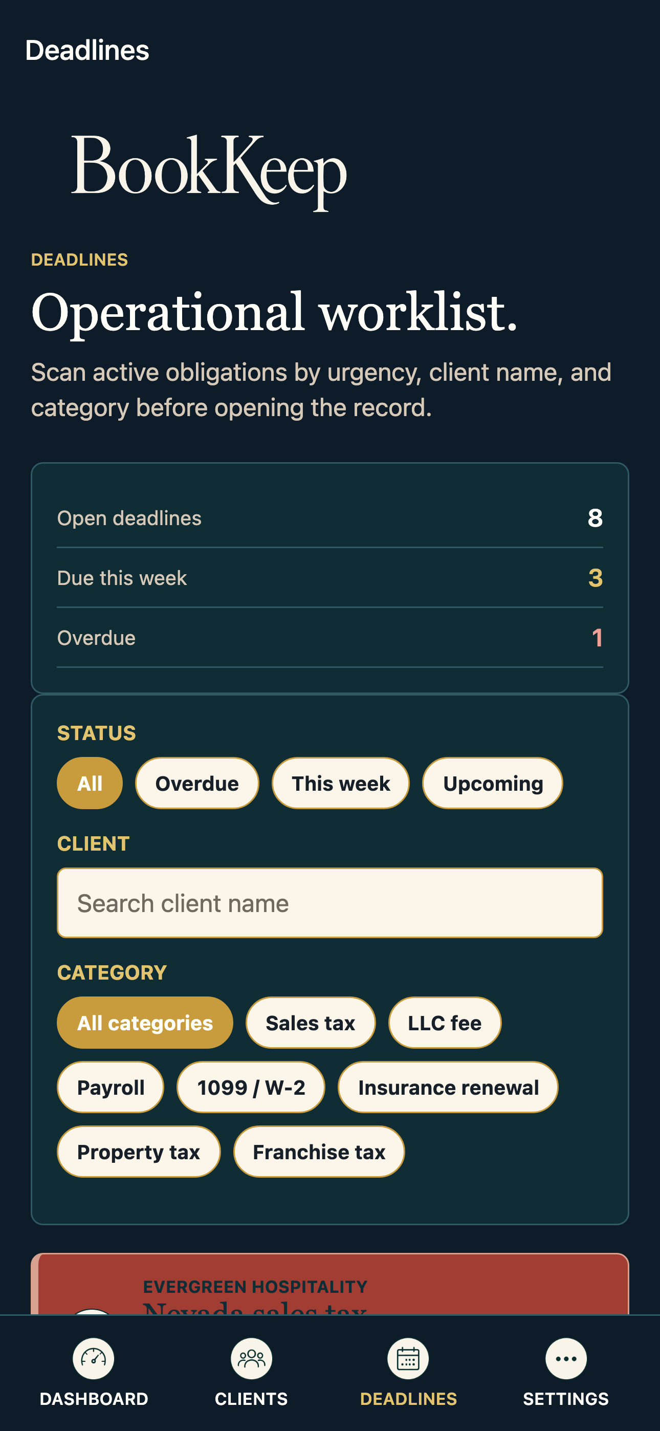 BookKeep deadlines screen showing recurring client obligations.