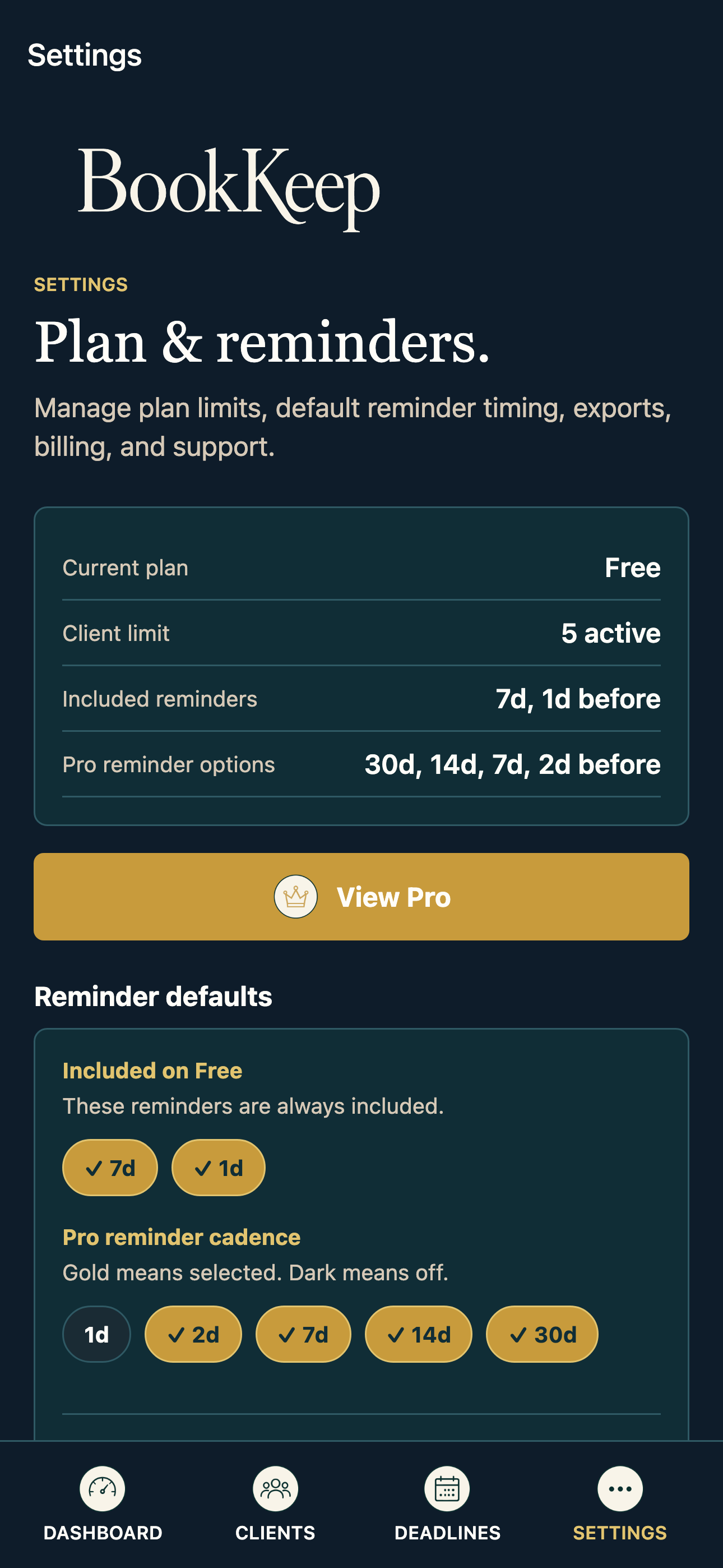 BookKeep settings screen.