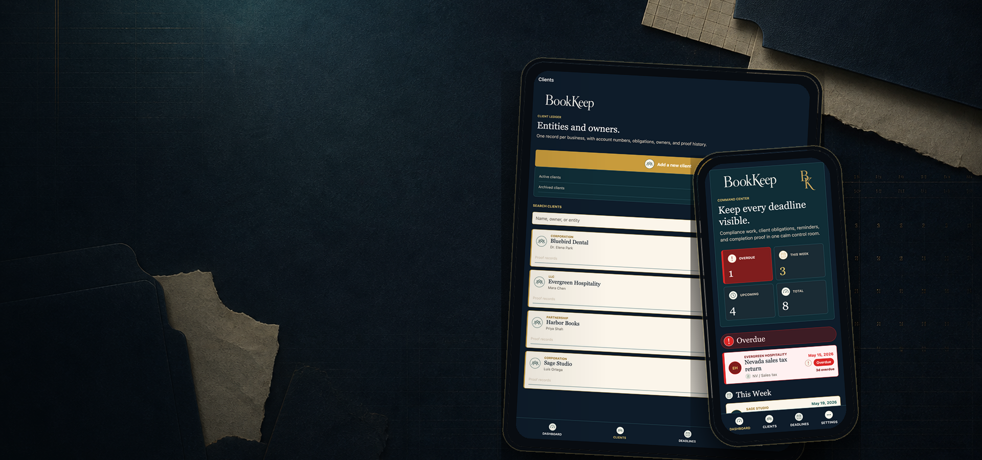 BookKeep app screens showing the client ledger and deadline command center.