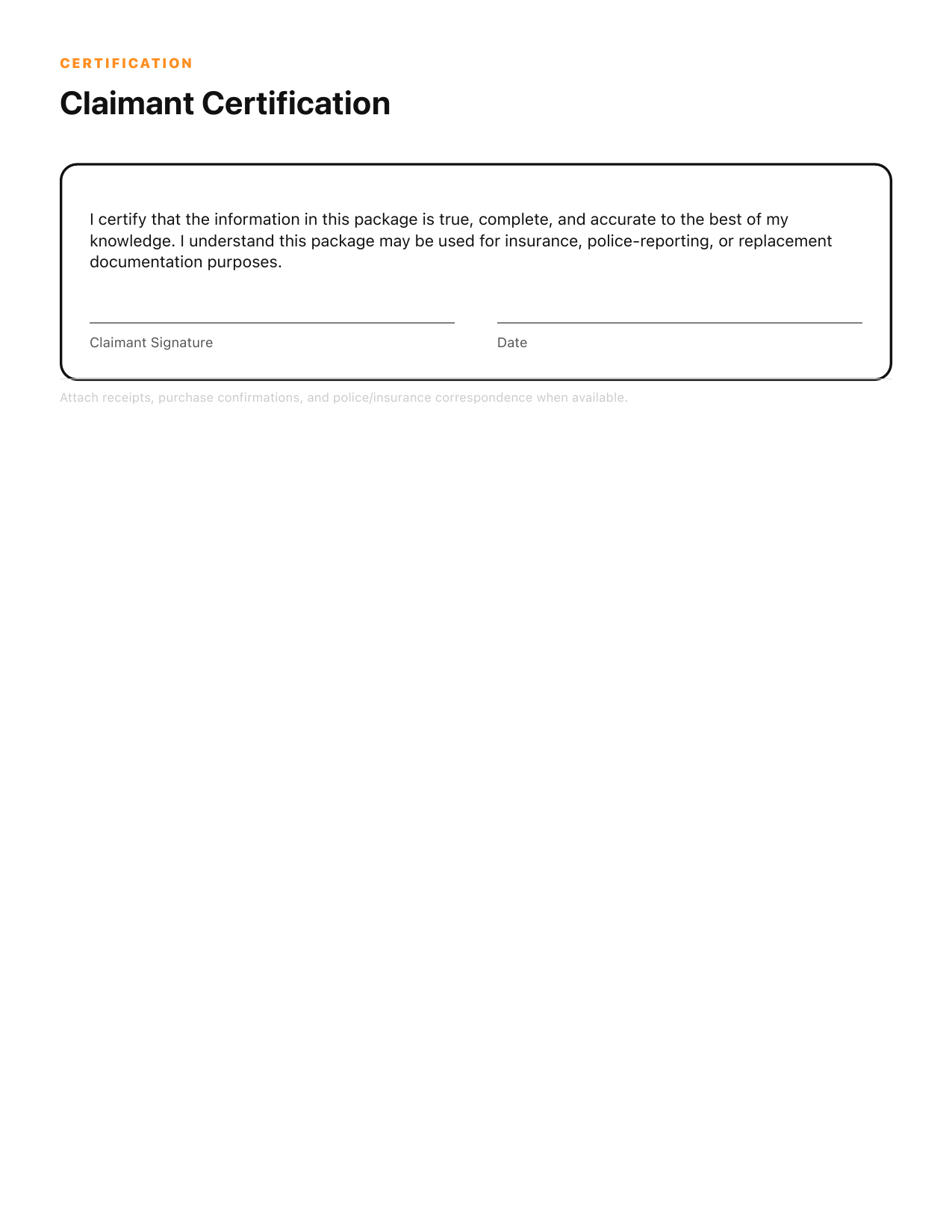 Claim package certification page